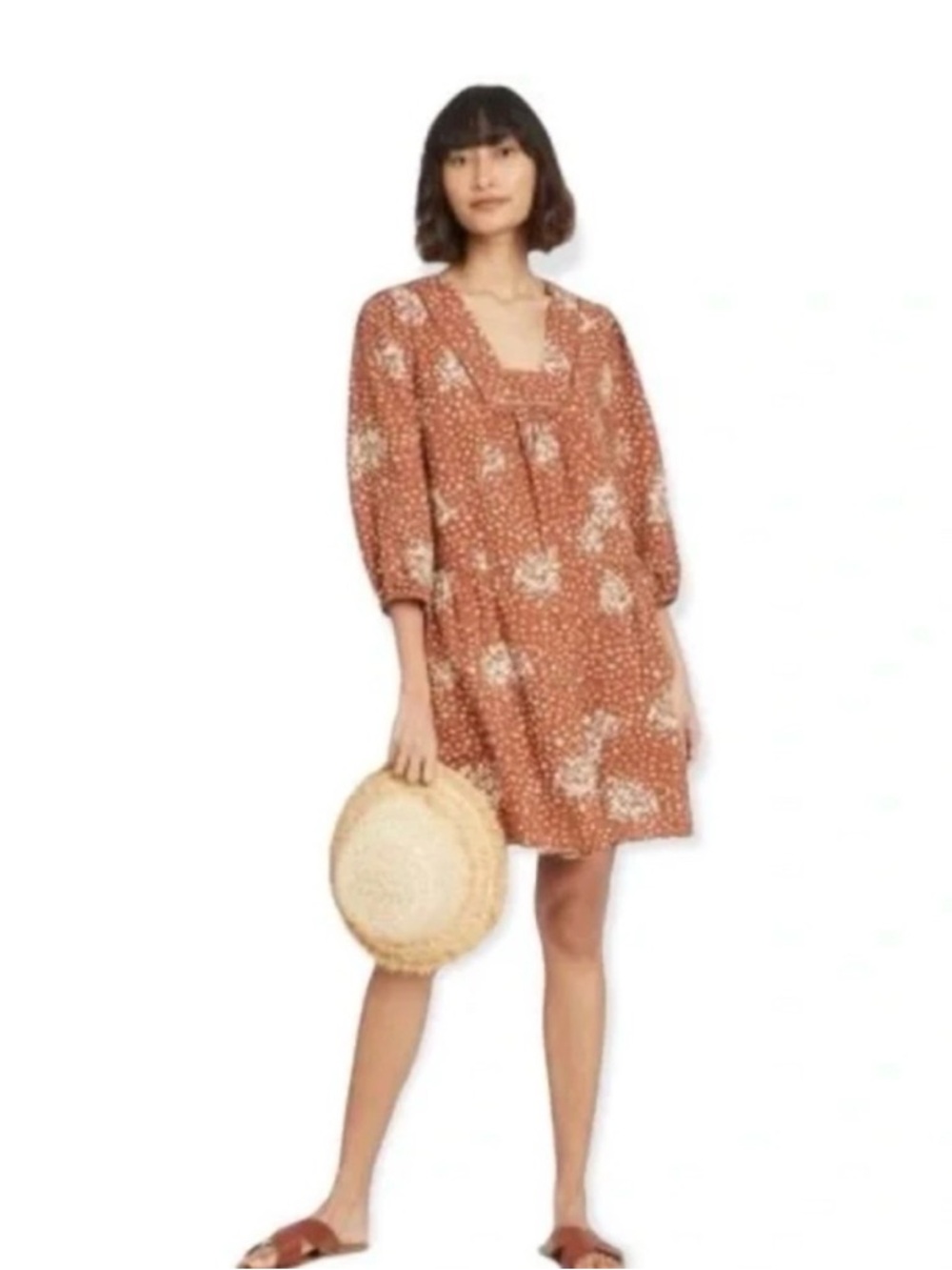 Boho Babydoll Dress XS Rust Floral Cottagecore Peasant Prairie Mini Linen Blend